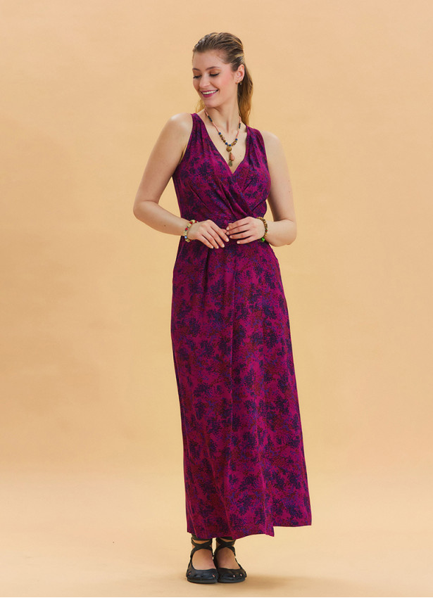 V Neck Slit Detail Patterned Wine Long Dress 4456